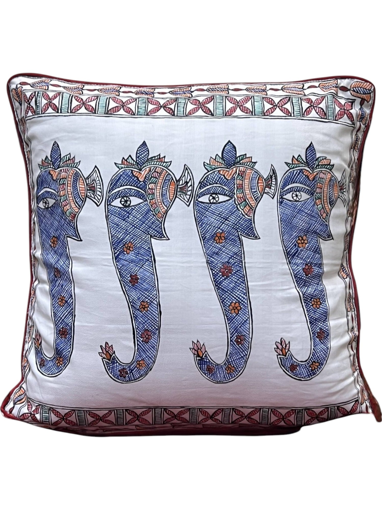 HAND-PAINTED MADHUBANI ELEPHANT CUSHION COVER